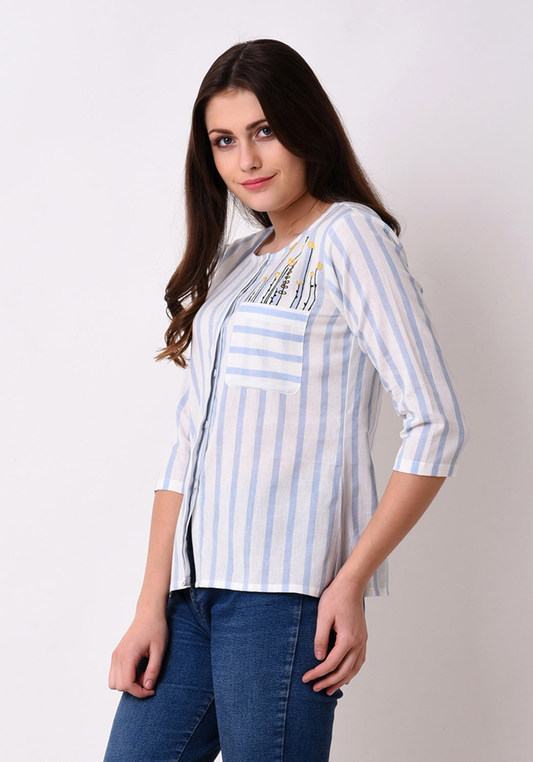 Button Down Embroidered Top - Wan Blue
