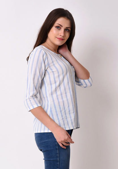 Button Down Embroidered Top - Wan Blue