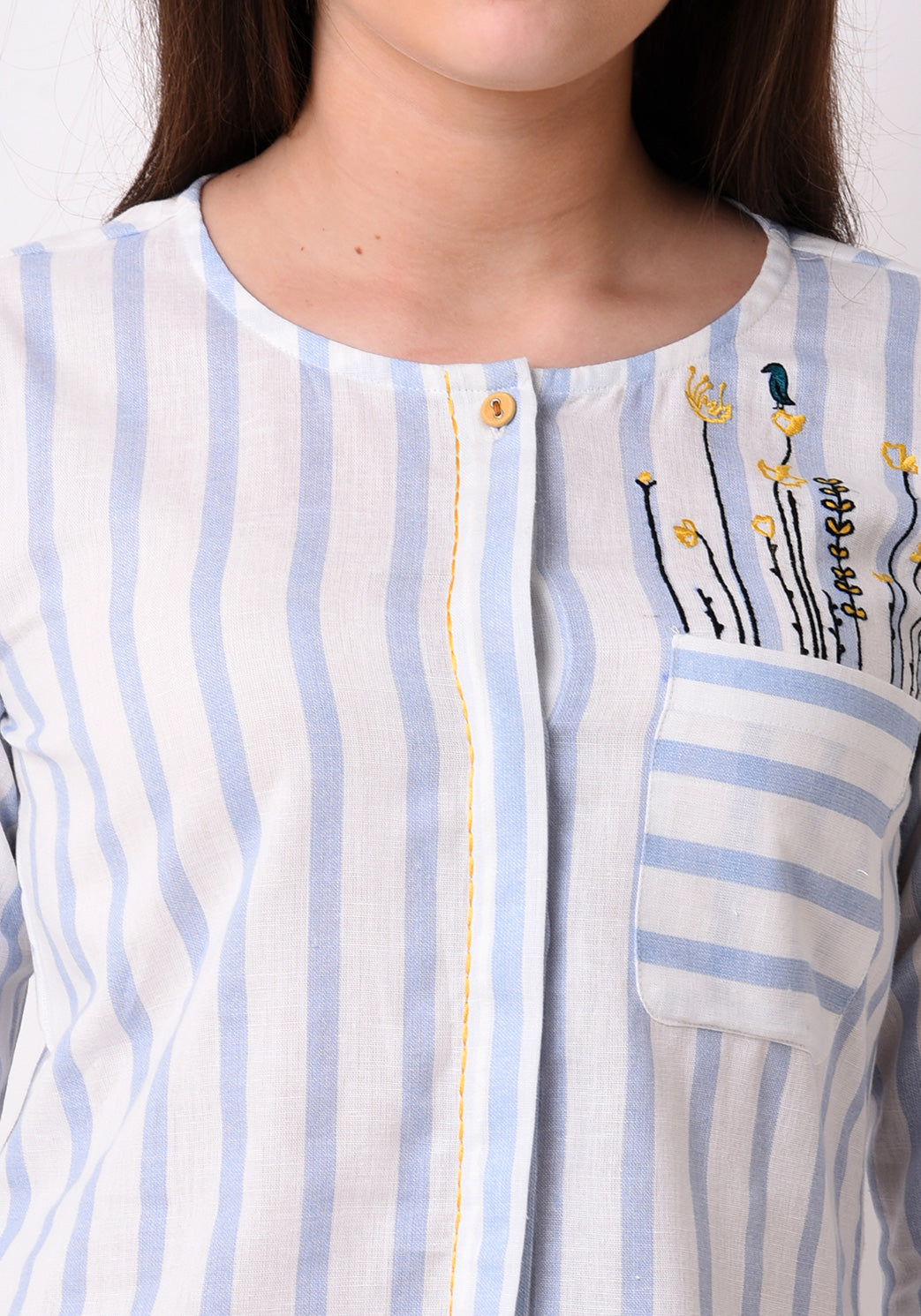 Button Down Embroidered Top - Wan Blue