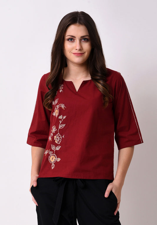 Floral Embroidered Top - Maroon