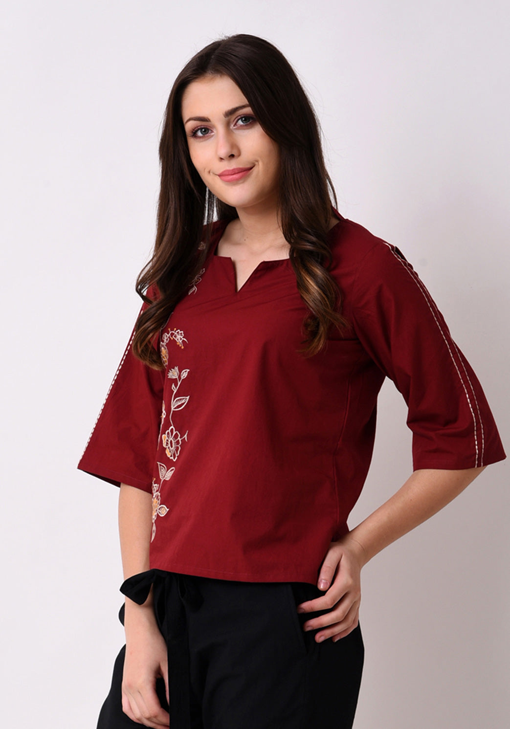 Floral Embroidered Top - Maroon