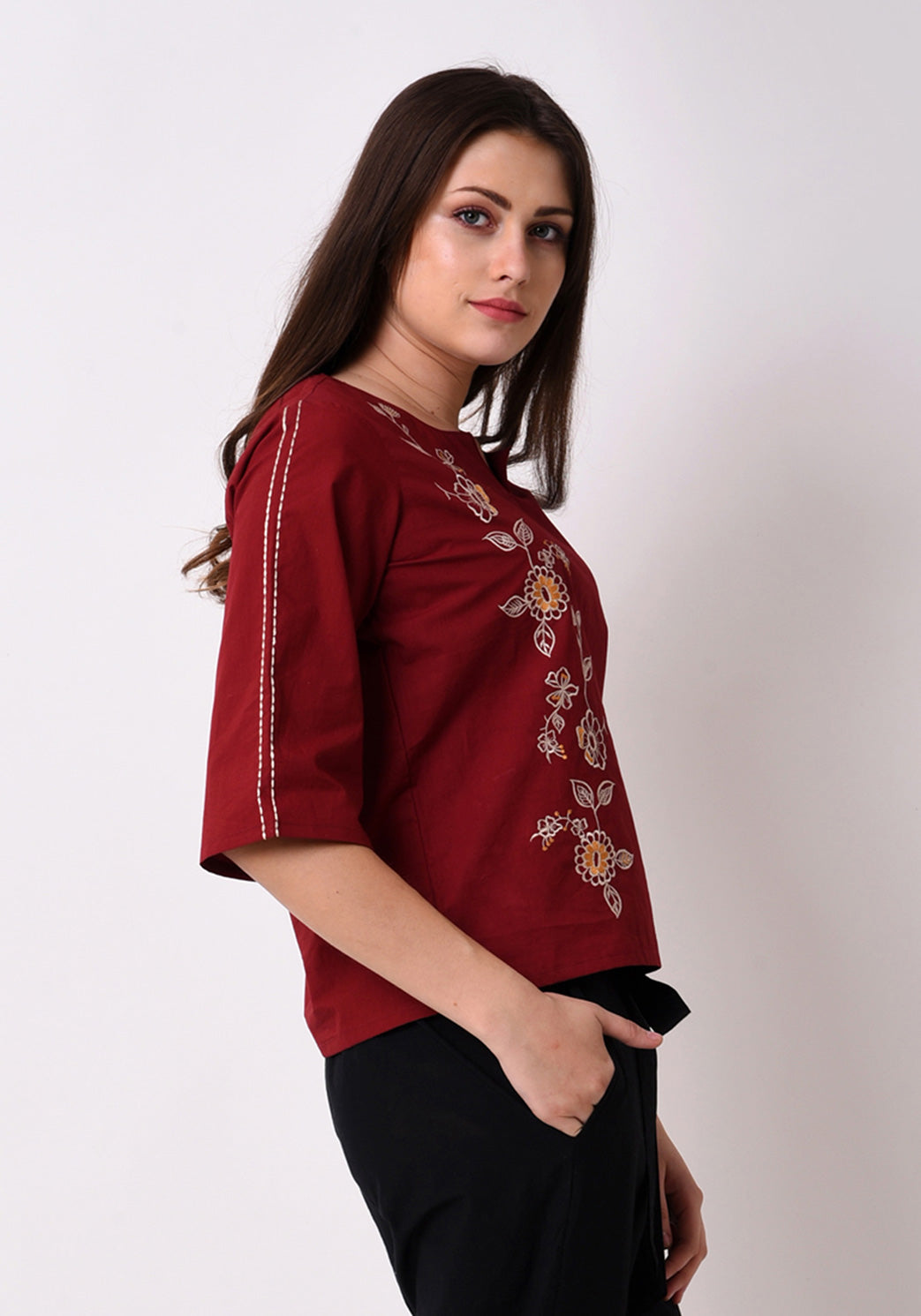 Floral Embroidered Top - Maroon