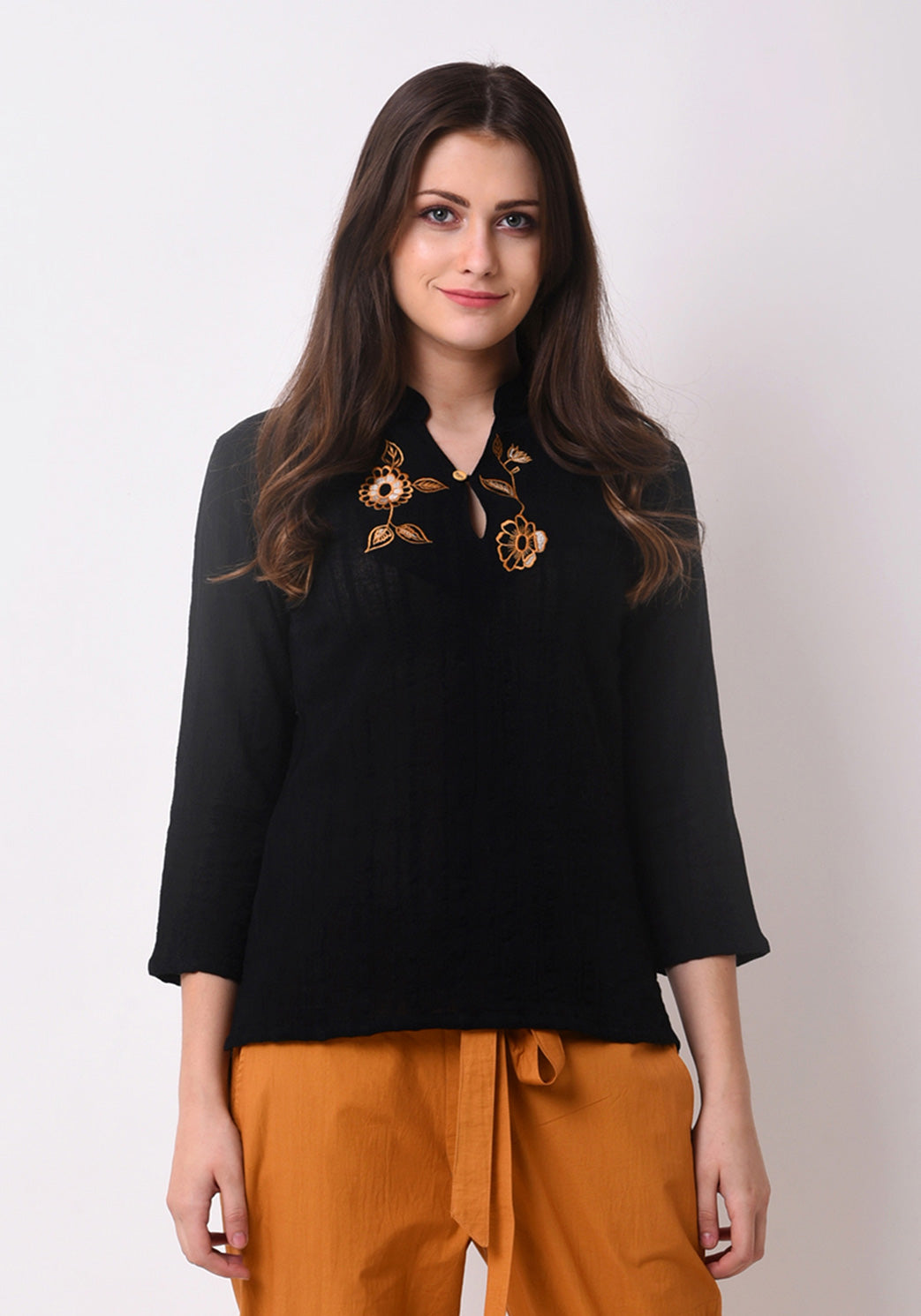 Crepe Dobby Embroidered Top - Black