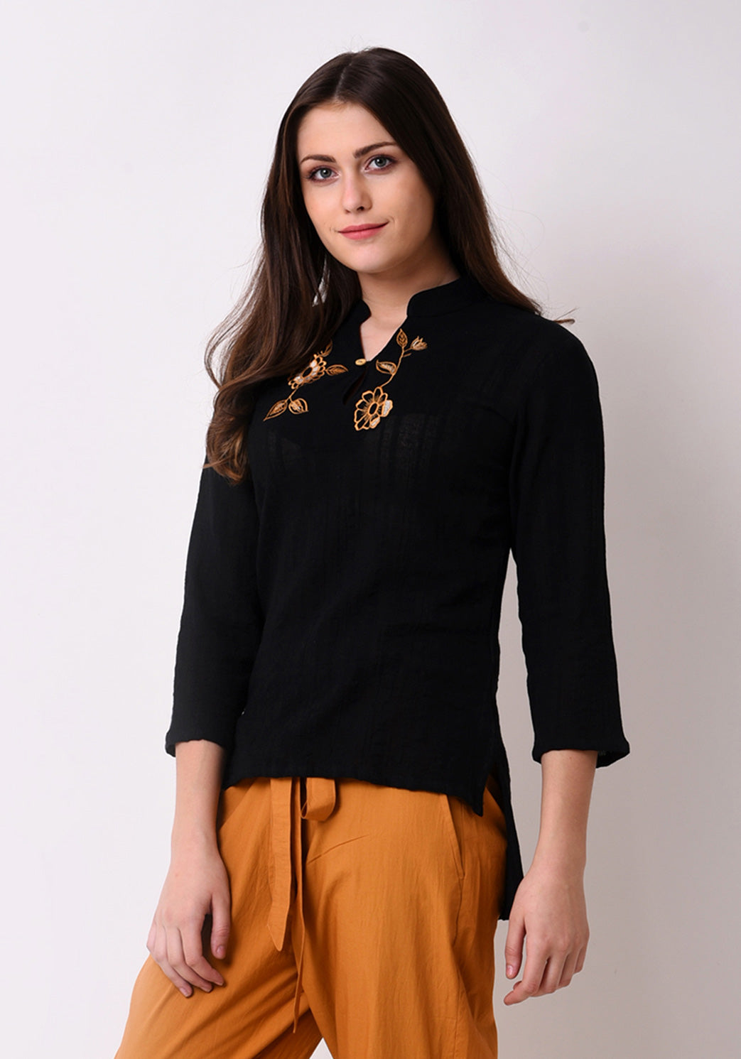 Crepe Dobby Embroidered Top - Black