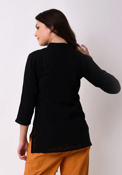 Crepe Dobby Embroidered Top - Black