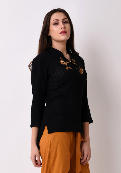 Crepe Dobby Embroidered Top - Black