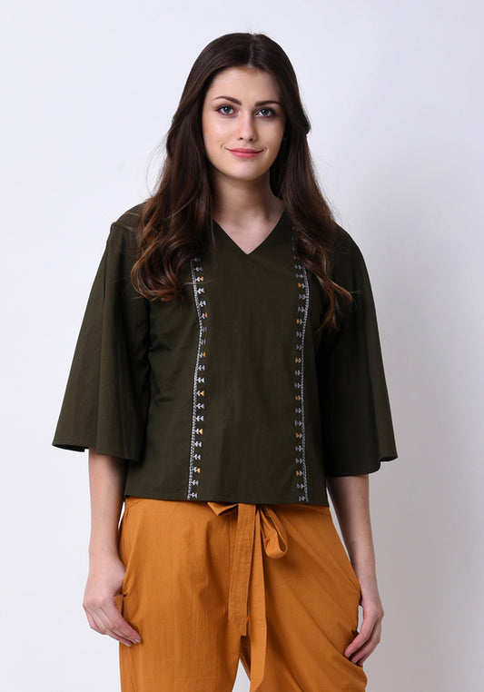 Tribal Embroidered Top - Army Green