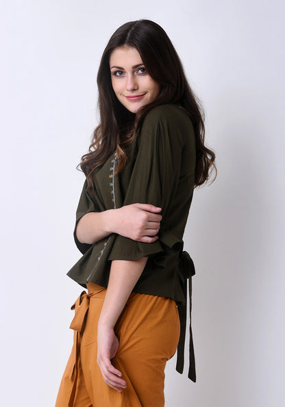 Tribal Embroidered Top - Army Green