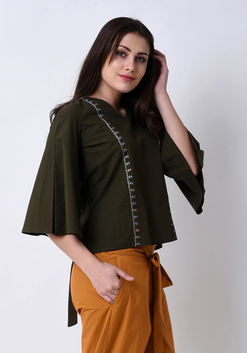 Tribal Embroidered Top - Army Green