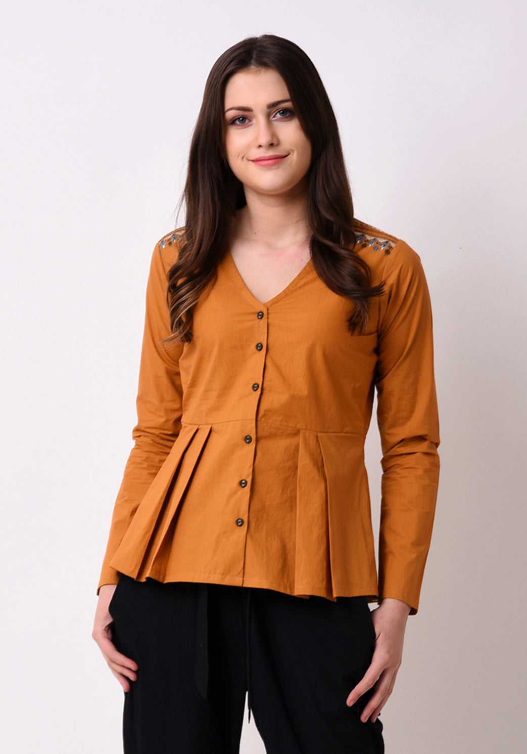 Pleated Embroidered Top- Mustard
