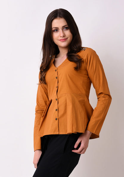 Pleated Embroidered Top- Mustard