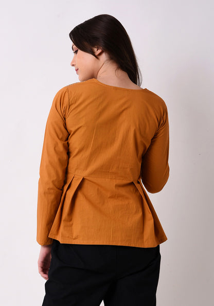 Pleated Embroidered Top- Mustard