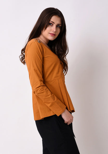 Pleated Embroidered Top- Mustard