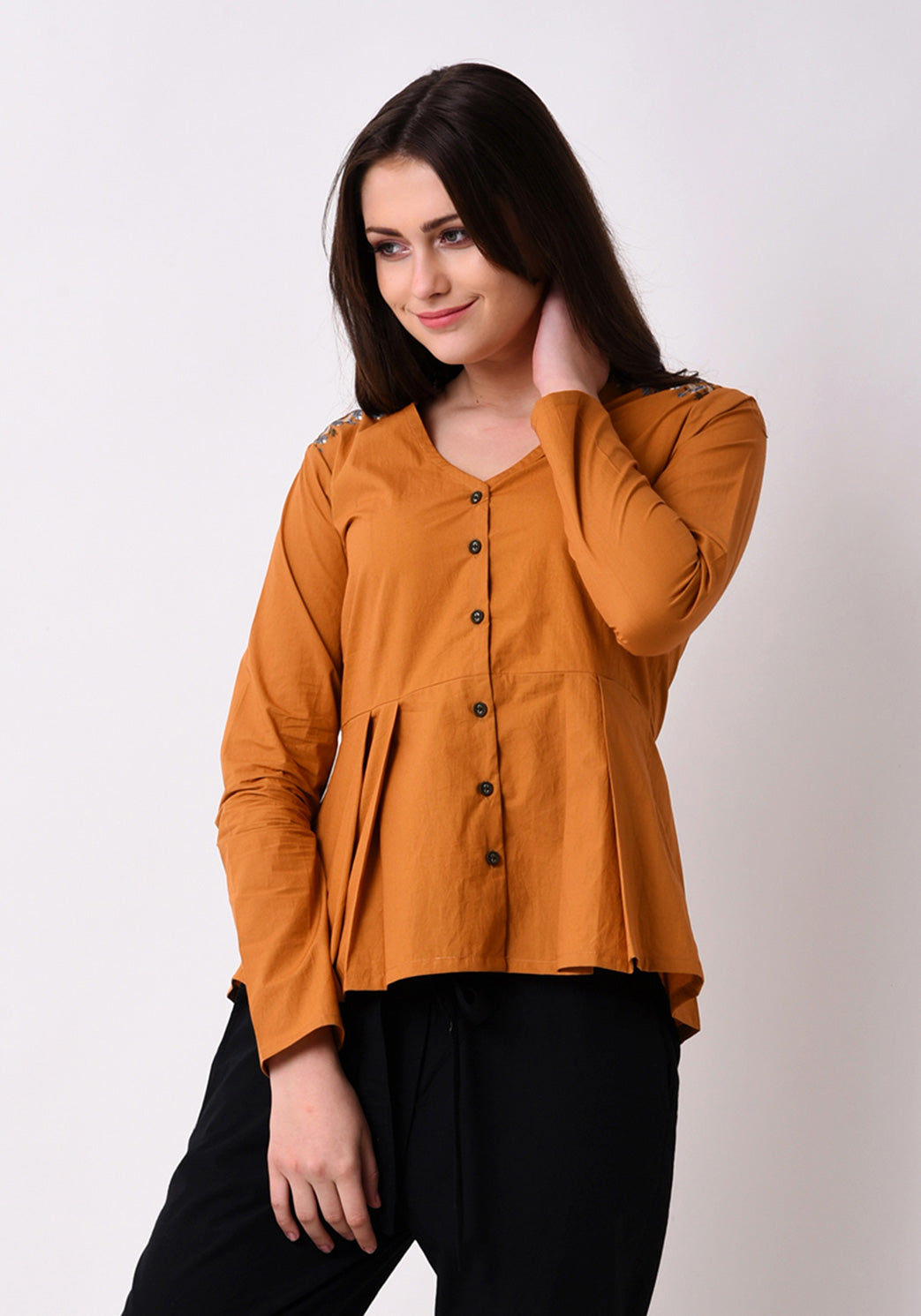 Pleated Embroidered Top- Mustard