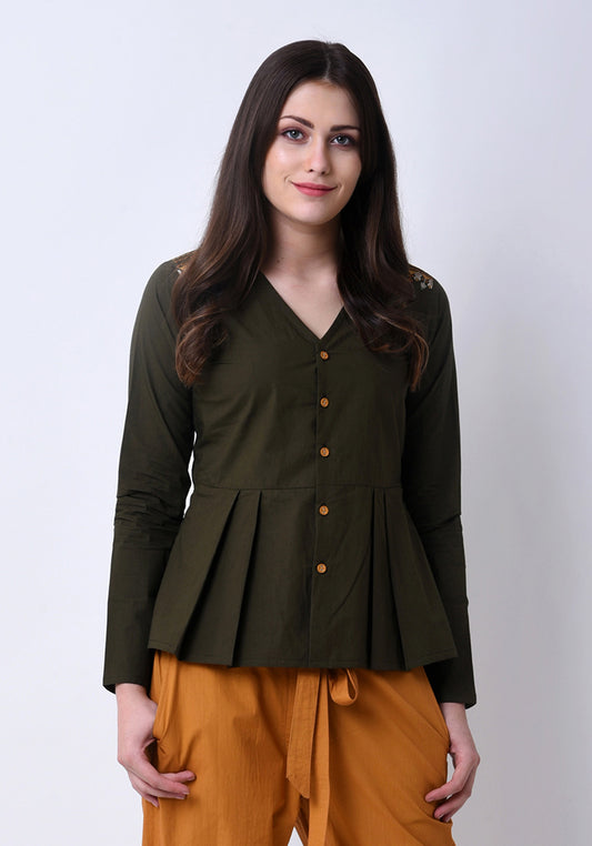 Pleated Embroidered Top- Army Green