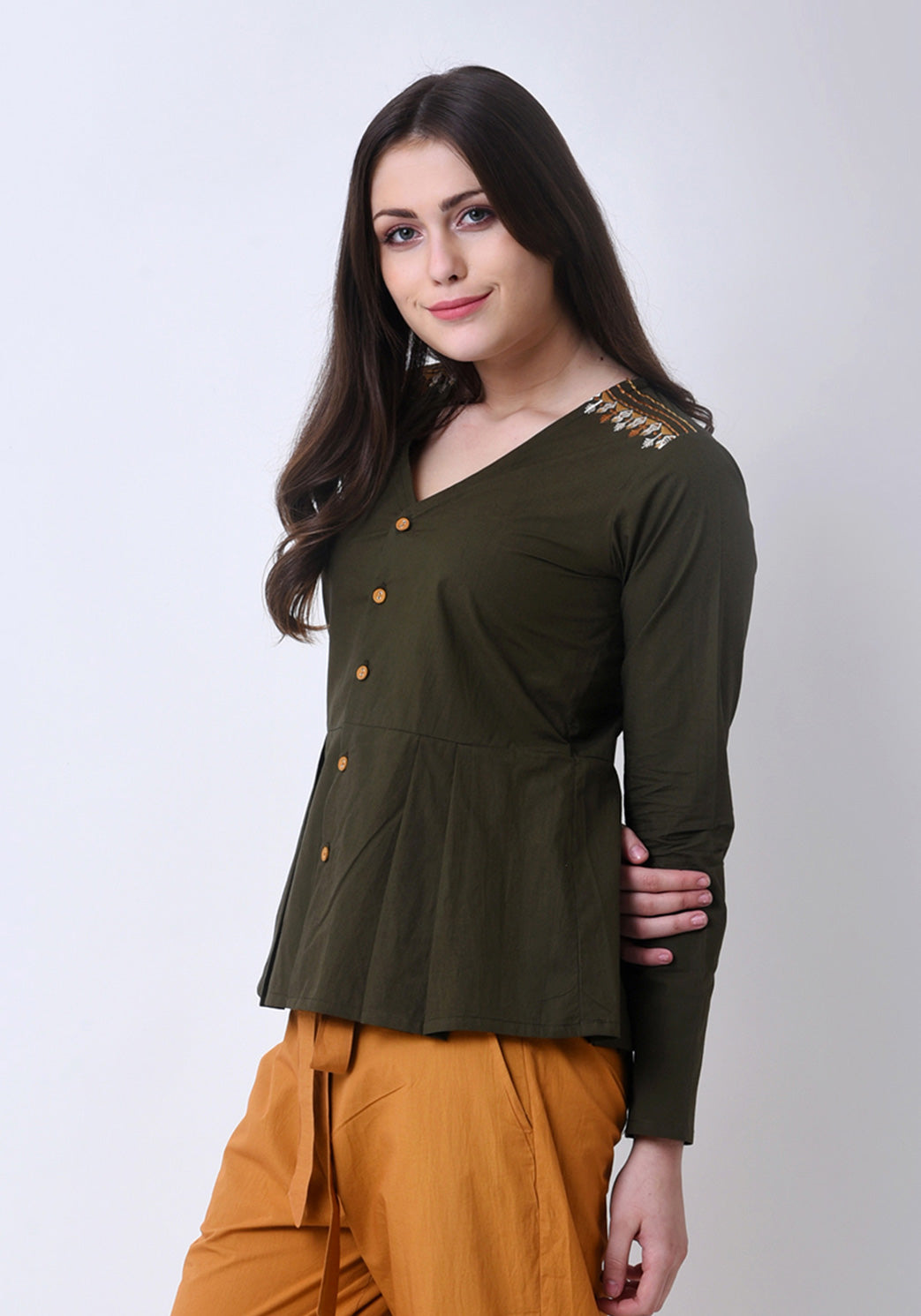 Pleated Embroidered Top- Army Green