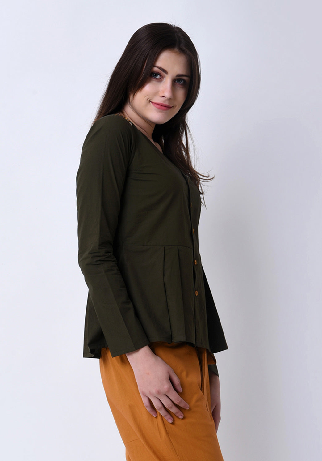 Pleated Embroidered Top- Army Green