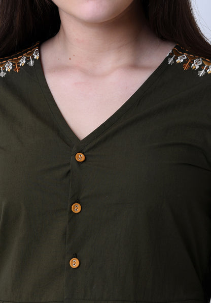 Pleated Embroidered Top- Army Green