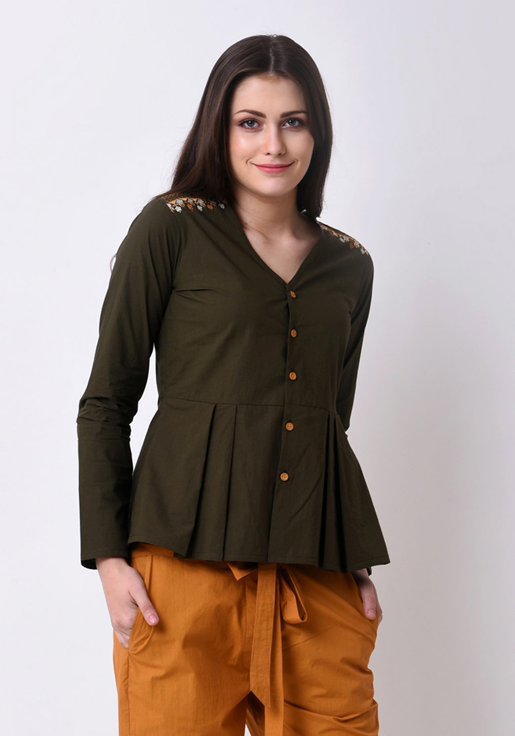 Pleated Embroidered Top- Army Green