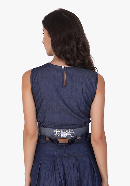 Denim Embroidered Ombre Blue Crop Top