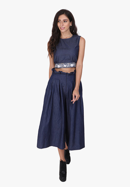 Denim Embroidered Ombre Blue Crop Top