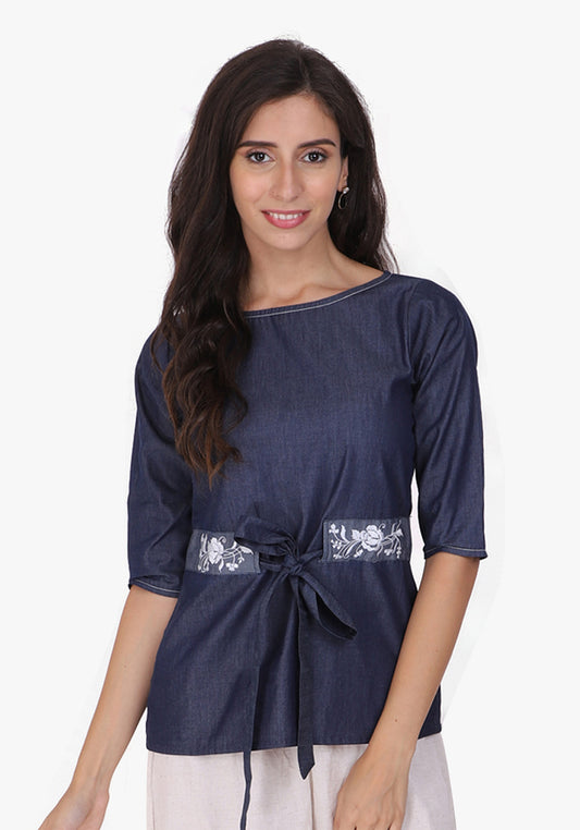 Denim Embroidered Tie-up Detailed Ombre Blue Top