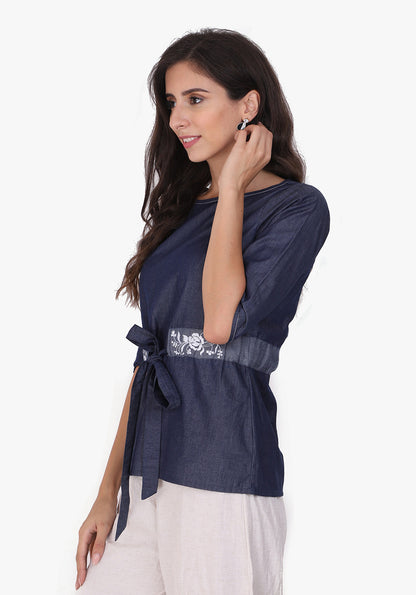Denim Embroidered Tie-up Detailed Ombre Blue Top