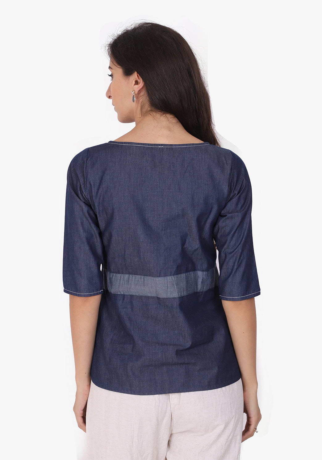 Denim Embroidered Tie-up Detailed Ombre Blue Top
