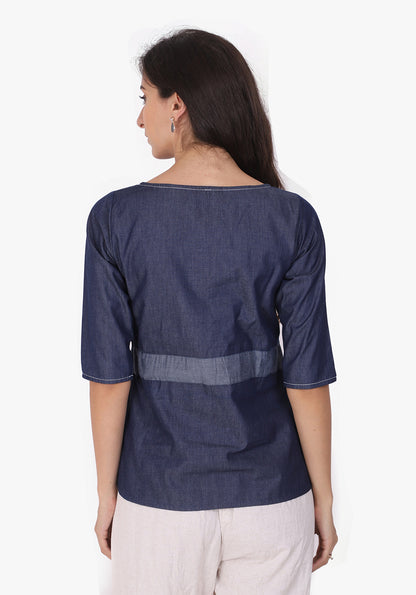 Denim Embroidered Tie-up Detailed Ombre Blue Top