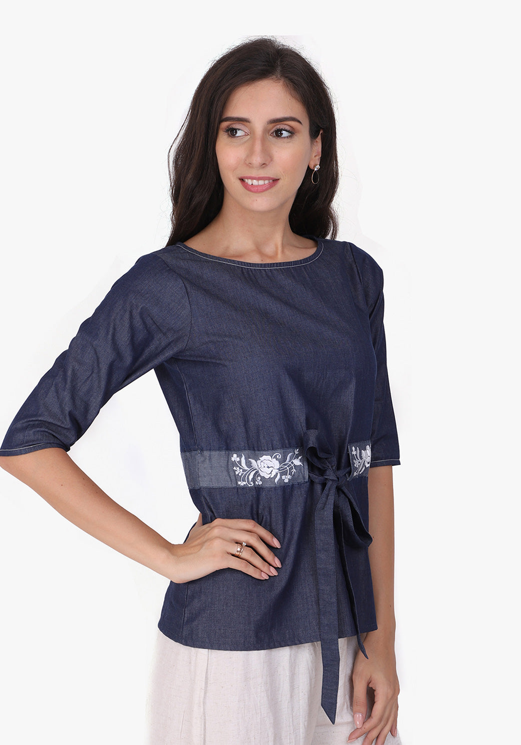Denim Embroidered Tie-up Detailed Ombre Blue Top
