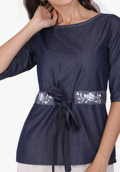 Denim Embroidered Tie-up Detailed Ombre Blue Top