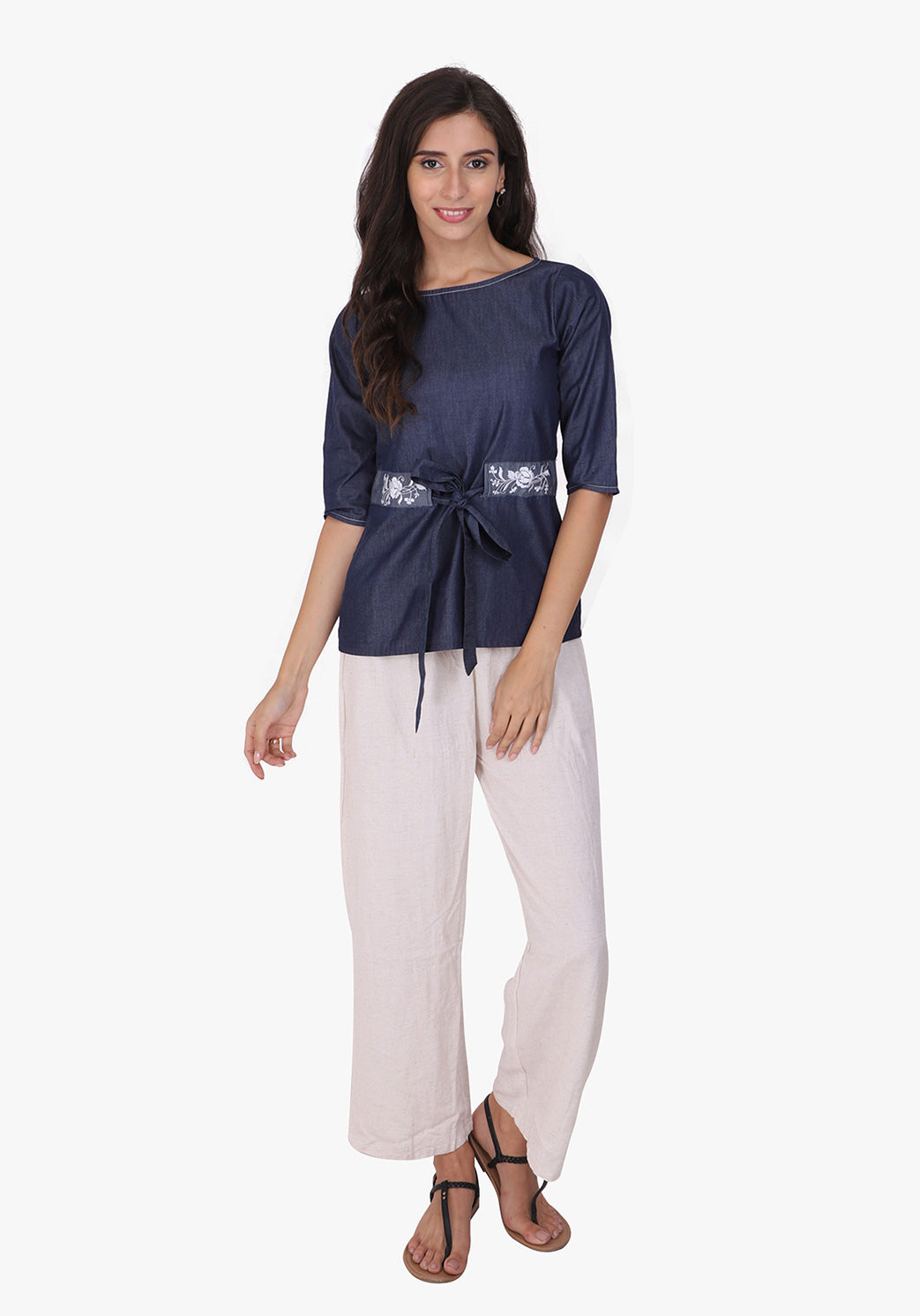 Denim Embroidered Tie-up Detailed Ombre Blue Top