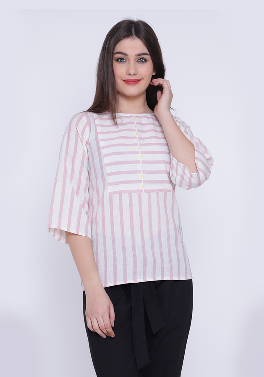 Yoke Detail Striped Pale Blush Top