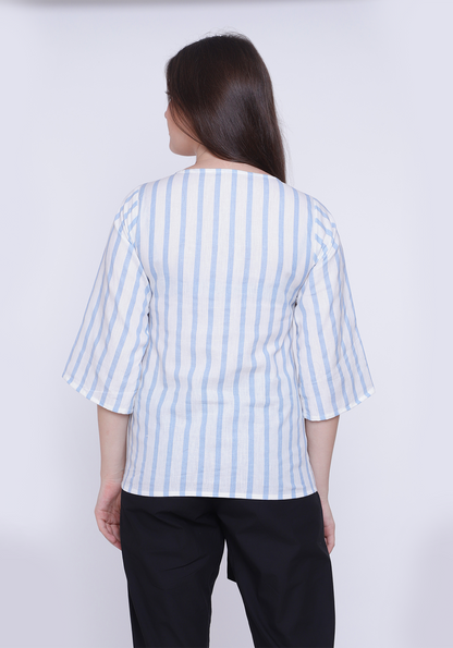 Yoke Detail Striped Wan Blue Top