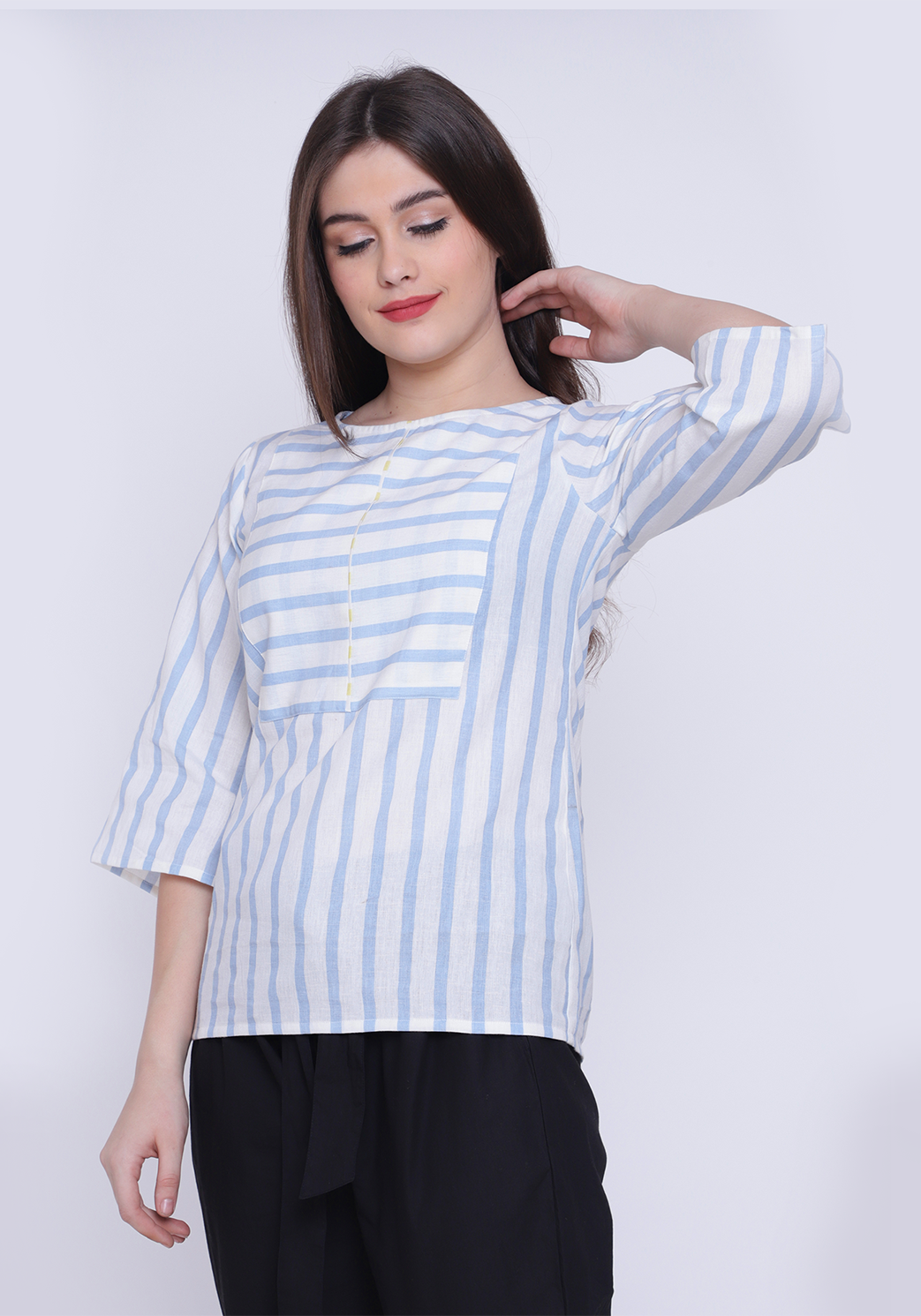 Yoke Detail Striped Wan Blue Top