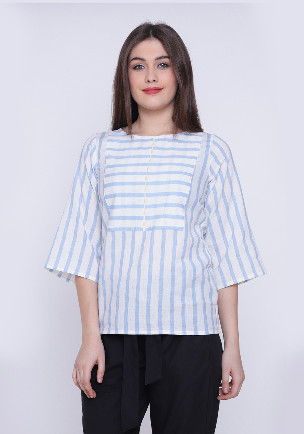 Yoke Detail Striped Wan Blue Top