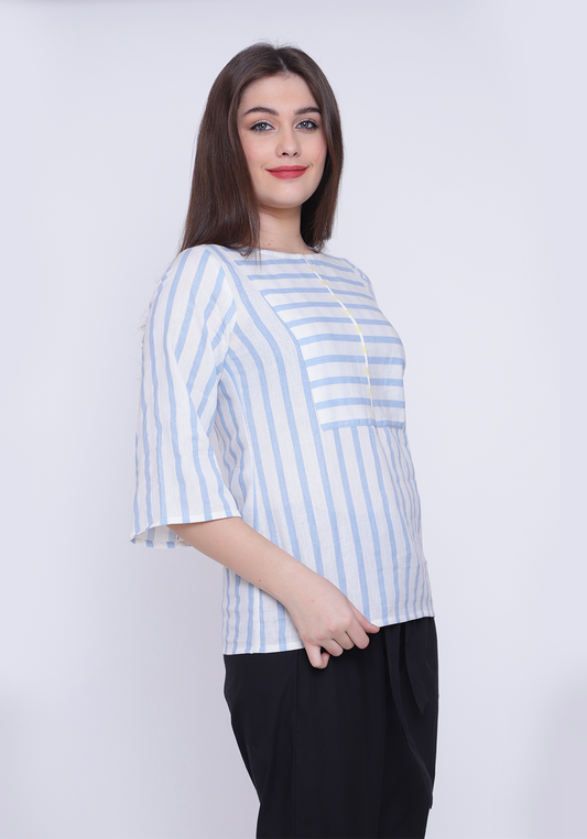 Yoke Detail Striped Wan Blue Top