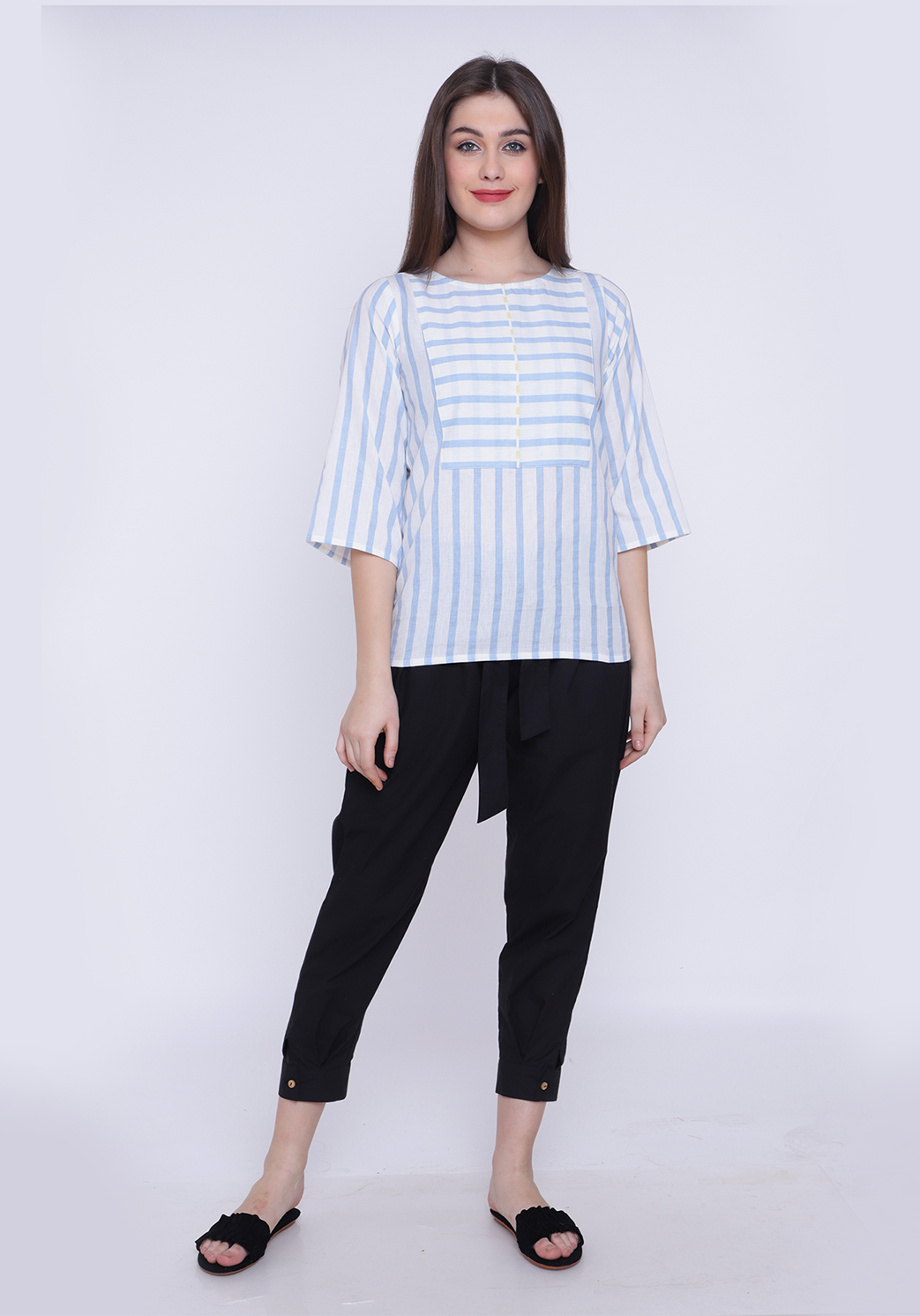 Yoke Detail Striped Wan Blue Top