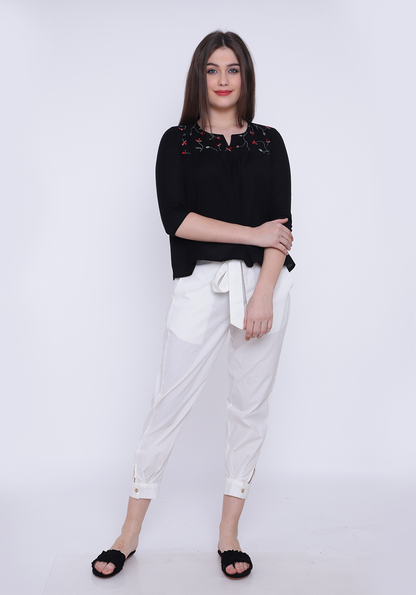 Gathered Embroidered Black Top