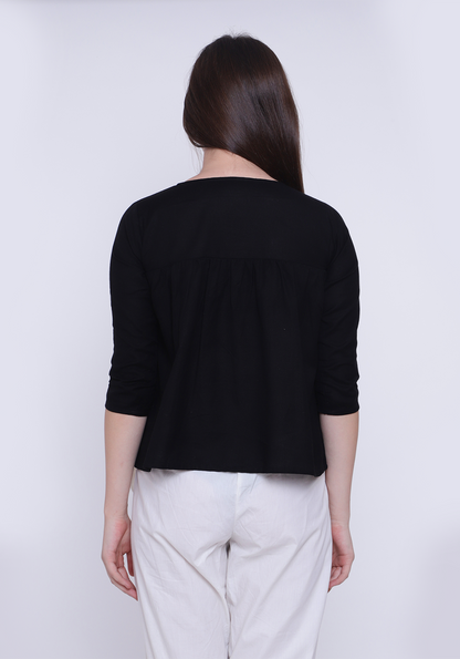 Gathered Embroidered Black Top