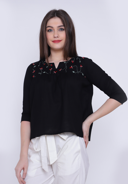 Gathered Embroidered Black Top