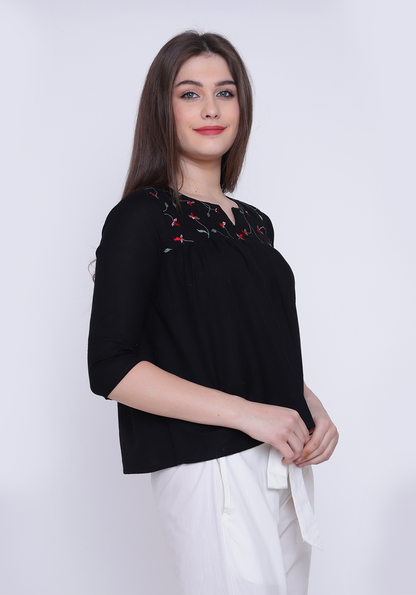 Gathered Embroidered Black Top