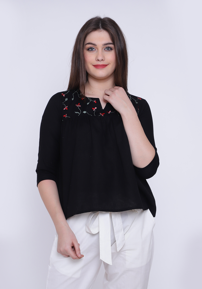 Gathered Embroidered Black Top