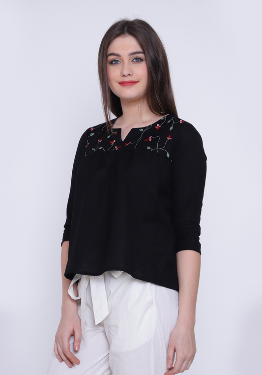 Gathered Embroidered Black Top