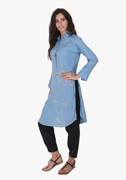 Statement Embroidered Faded Denim Floral Tunic